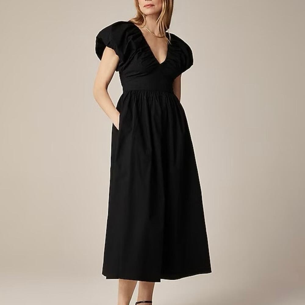 J. Crew Black Midi Dress with Puff Sleeves